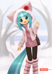 Size: 1000x1403 | Tagged: safe, artist:howxu, coco pommel, anthro, cocobetes, cute, female, flower, looking at you, open mouth, patreon, patreon logo, snow, solo, weapons-grade cute, winter