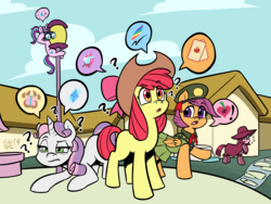 Size: 2042x1532 | Tagged: safe, artist:soulcentinel, apple bloom, pinkie pie, scootaloo, starlight glimmer, sweetie belle, earth pony, pegasus, pony, unicorn, fanfic:twin fates, g4, alternate universe, cover art, cute, cutie mark crusaders, fanfic, female, filly, filly guides, girl scout, hat, pictogram, pinkamena diane pie, speech bubble, spy, story in the source, story included
