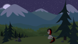Size: 3840x2160 | Tagged: safe, artist:momoe-mi, oc, oc only, oc:raven fear, earth pony, pony, female, forest, high res, moon, mountain, night, night sky, pine tree, scenery, sky, solo, stargazing, tree, wallpaper, watching