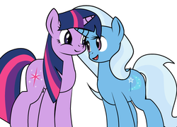 Size: 600x432 | Tagged: safe, artist:dekomaru, trixie, twilight sparkle, pony, unicorn, g4, cropped, female, lesbian, looking at each other, mare, ship:twixie, shipping, simple background, smiling, white background