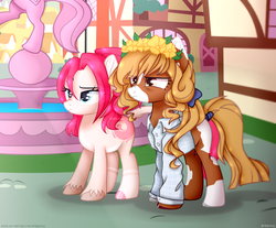 Size: 4664x3867 | Tagged: safe, artist:sparkie45, oc, oc only, oc:jiselle berry, oc:sunny, pony, base used, clothes, female, floral head wreath, flower, mare, shirt