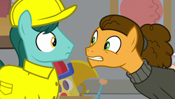Size: 1920x1080 | Tagged: safe, screencap, cheese sandwich, earth pony, pony, g4, the last laugh, alternate hairstyle, background pony, clothes, duo, faic, hard hat, male, stallion, sweater, turtleneck, unnamed character, unnamed pony