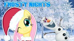 Size: 1280x720 | Tagged: safe, artist:themightysqueegee, artist:vannamelon, fluttershy, pegasus, pony, g4, christmas, clothes, hat, holiday, olaf, one eye closed, santa hat, snow, snowman, thumbnail, tree, wink