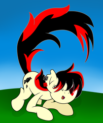 Size: 1666x1993 | Tagged: safe, artist:midwestbrony, oc, oc only, oc:raven fear, pony, blue sky, grass, happy, simple background, sky, solo, tail wag