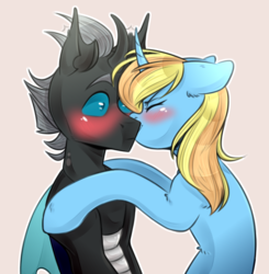 Size: 1411x1440 | Tagged: safe, artist:ilovefraxus, oc, oc only, oc:skydreams, oc:tectus ignis, changeling, pony, unicorn, blushing, blushing profusely, changeling oc, cheek kiss, female, kissing, love, mare, nuzzling, skytus, surprise kiss, ych result