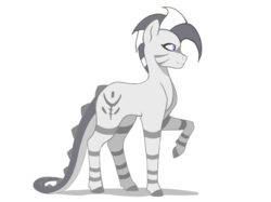 Size: 2388x1790 | Tagged: safe, artist:rand-dums, oc, oc only, oc:zone (shimmer_bolt), dragon, hybrid, zebra, fallout equestria, fallout equestria: redemption is magic, advertisement, female, high res, mohawk, purple eyes, raised hoof, side view, simple background, smiling, solo, transparent background, zebragon