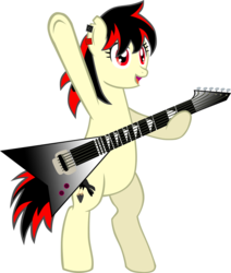 Size: 823x971 | Tagged: safe, artist:ludiculouspegasus, oc, oc only, oc:raven fear, pony, commission, ear piercing, electric guitar, female, guitar, hoof hold, mare, musical instrument, open mouth, performing, piercing, rocking, simple background, solo, transparent background, vector