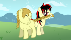 Size: 1920x1080 | Tagged: safe, artist:thatfatbrony, oc, oc:lassie jack, oc:raven fear, best friends, duo, duo female, female, playing, simple scene, tail, tail pull, wallpaper