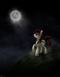 Size: 2487x3199 | Tagged: safe, artist:carouselique, oc, oc only, oc:raven fear, pony, contemplating, full moon, high res, hill, moon, moonlight, night, painting, solo, wallpaper