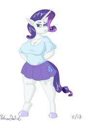 Size: 800x1131 | Tagged: safe, artist:professordoctorc, rarity, anthro, unguligrade anthro, series:r is for rarity, g4, breasts, busty rarity, clothes, pleated skirt, simple background, skirt, white background
