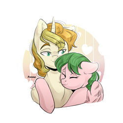 Size: 2000x2000 | Tagged: safe, artist:ilovefraxus, oc, oc only, oc:jules arioso, oc:libby belle, pegasus, pony, unicorn, duo, eyes closed, female, heart, high res, hug, husband and wife, male, mare, simple background, stallion, white background