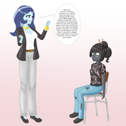 Size: 3333x3333 | Tagged: safe, artist:tigerssunshyn, oc, oc:ebony darkness, oc:spiral swirl, equestria girls, g4, belt, blouse, chair, clothes, cute, high res, hypnosis, hypnotherapy, hypnotist, hypnotized, jeans, jewelry, necklace, open mouth, pants, pendulum swing, pocket watch, shirt, shoes, smiling, speech bubble, swirly eyes