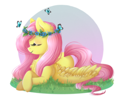 Size: 920x785 | Tagged: safe, artist:toxiccolour, fluttershy, butterfly, pegasus, pony, g4, abstract background, chest fluff, circle background, crossed hooves, cute, eyes closed, female, floral head wreath, flower, grass, mare, outdoors, prone, shyabetes, smiling, solo, spread wings, wings