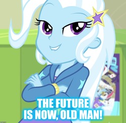 Size: 1101x1080 | Tagged: safe, edit, edited screencap, screencap, trixie, equestria girls, equestria girls series, forgotten friendship, g4, cropped, crossed arms, female, malcolm in the middle, meme, reference, solo, the future is now old man