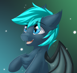 Size: 2958x2788 | Tagged: safe, artist:snowstormbat, oc, oc only, bat pony, pony, bust, chest fluff, ear tufts, fangs, gradient background, high res, male, portrait, smiling, solo