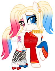 Size: 788x1015 | Tagged: safe, artist:aestheticallylithi, artist:mint-light, oc, oc only, oc:har-harley queen, earth pony, pony, base used, choker, clothes, commission, ear piercing, earring, eyeshadow, female, fishnet stockings, harley quinn, heart eyes, heterochromia, hoodie, jacket, jewelry, makeup, mare, multicolored hair, piercing, pigtails, raised hoof, roller skates, running makeup, simple background, solo, stockings, tattoo, thigh highs, transparent background, twintails, varsity jacket, watermark, wingding eyes