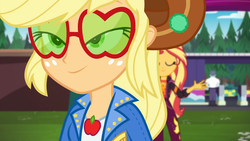Size: 1920x1080 | Tagged: safe, screencap, applejack, max steele, sunset shimmer, equestria girls, equestria girls series, g4, sunset's backstage pass!, spoiler:eqg series (season 2), applejack's festival hat, applejack's sunglasses, close-up, cowboy hat, duo, duo female, female, hat, male, music festival outfit, outdoors, security guard, sunglasses