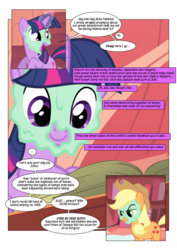 Size: 868x1228 | Tagged: safe, artist:dziadek1990, edit, edited screencap, screencap, applejack, twilight sparkle, comic:sunny day, g4, look before you sleep, annoyed, comic, conversation, dialogue, dungeons and dragons, golden oaks library, in character, library, mud mask, pen and paper rpg, poem, pokémon, prophecy, rpg, screencap comic, slice of life, tabletop game, text