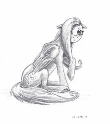Size: 2310x2596 | Tagged: safe, artist:the-wizard-of-art, fluttershy, pegasus, pony, g4, 2011, black and white, female, grayscale, high res, mare, monochrome, pencil drawing, simple background, sitting, sketch, solo, traditional art, white background