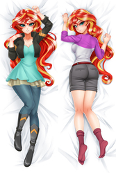 Size: 1199x1800 | Tagged: safe, artist:racoonsan, sunset shimmer, human, equestria girls, adorasexy, anime, ass, bedroom eyes, blushing, body pillow, body pillow design, boots, bunset shimmer, butt, clothes, cute, female, full body, hips, humanized, lidded eyes, looking at you, looking back, looking back at you, looking over shoulder, sexy, sheet grab, shoes, smiling, solo, stocking feet