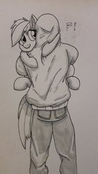 Size: 1836x3264 | Tagged: safe, artist:riggyrag, rainbow dash, human, pegasus, pony, g4, clothes, cute, female, holding a pony, hoodie, hug, mare, monochrome, pants, signature, simple background, traditional art, white background