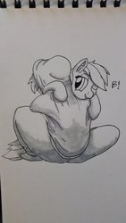 Size: 1836x3264 | Tagged: safe, artist:riggyrag, rainbow dash, human, pegasus, pony, g4, clothes, cute, ear fluff, female, holding a pony, hoodie, hug, mare, monochrome, one eye closed, pants, signature, simple background, sitting, traditional art, white background
