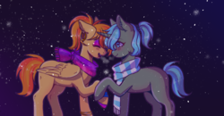 Size: 1747x905 | Tagged: safe, artist:qiwiq, oc, oc only, oc:carrot spring, oc:rion, pegasus, pony, unicorn, bracelet, clothes, duo, ear piercing, earring, eyes closed, hoof polish, jewelry, makeup, piercing, raised hoof, scarf, snow