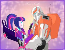 Size: 1280x987 | Tagged: safe, artist:elioo, sci-twi, twilight sparkle, cybertronian, robot, equestria girls, equestria girls series, g4, autobot, crossover, crossover shipping, equestria bots, female, male, ratchet, shipping, species swap, straight, transformerfied, transformers, transformers prime, twibot