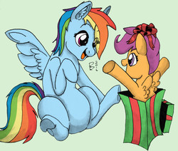 Size: 1024x867 | Tagged: safe, artist:riggyrag, color edit, edit, rainbow dash, scootaloo, pegasus, pony, g4, box, colored, cute, ear fluff, feathered wings, female, filly, mare, pony in a box, present, scootalove, signature, simple background, sitting, smiling, spread wings, surprised, traditional art, underhoof, wings