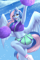 Size: 1769x2616 | Tagged: safe, artist:fairdahlia, oc, oc only, oc:chrysocolla dawn, pegasus, anthro, plantigrade anthro, anthro oc, armpits, belly button, cheerleader, clothes, female, legs, looking at you, mare, midriff, miniskirt, pleated skirt, pom pom, shoes, skirt, socks, solo, sports bra, ych result