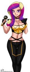 Size: 700x1664 | Tagged: safe, artist:johnjoseco, color edit, colorist:lanceomikron, edit, princess cadance, human, g4, belly button, breasts, choker, cleavage, clothes, colored, cosplay, costume, female, humanized, k/da, kai'sa, league of legends, microphone, solo, tight clothing