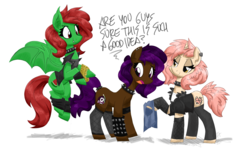 Size: 5000x3000 | Tagged: safe, artist:flutterthrash, oc, oc only, oc:berry mocha, oc:lizzie, oc:watermelon frenzy, earth pony, pony, unicorn, vampire bat pony, brown coat, clothes, collar, concert, cream coat, ear piercing, earring, fangs, green coat, jewelry, metal, outfit, patch, piercing, pink mane, purple eyes, purple mane, red eyes, red mane, smug, spiked collar, spiked tail band, spiked wristband, stockings, text, thigh highs, vest, worried, wristband, yellow eyes