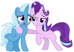 Size: 978x697 | Tagged: safe, artist:victorfazbear, starlight glimmer, trixie, pony, unicorn, g4, base used, blushing, cute, female, hug, lesbian, looking at each other, mare, missing cutie mark, ship:startrix, shipping, simple background, white background