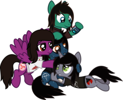 Size: 1738x1423 | Tagged: safe, artist:lightningbolt, derpibooru exclusive, earth pony, pegasus, pony, undead, unicorn, zombie, zombie pony, g4, .svg available, bloodshot eyes, bone, brothers, camera, clothes, disguise, disguised siren, fangs, flying, frown, group, group hug, hair over one eye, hape, hoof hold, horn, hug, kellin quinn, lip piercing, long sleeves, looking down, male, nose piercing, oliver sykes, piercing, ponified, prone, scar, shirt, show accurate, siblings, simple background, sitting, smiling, stallion, stitches, svg, t-shirt, tom sykes, transparent background, vector, vic fuentes, wings