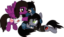 Size: 1738x1000 | Tagged: safe, artist:lightningbolt, derpibooru exclusive, earth pony, pegasus, pony, undead, unicorn, zombie, zombie pony, g4, .svg available, annoyed, bloodshot eyes, bone, clothes, disguise, disguised siren, fangs, flying, frown, group, group hug, hair over one eye, hape, horn, hug, kellin quinn, lip piercing, long sleeves, looking back, male, nose piercing, oliver sykes, piercing, ponified, prone, scar, shirt, show accurate, simple background, sitting, smiling, stallion, stitches, svg, t-shirt, tongue out, transparent background, trio, vector, vic fuentes, wings