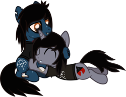Size: 1321x1022 | Tagged: safe, artist:lightningbolt, derpibooru exclusive, earth pony, pony, undead, unicorn, zombie, zombie pony, g4, .svg available, bloodshot eyes, bone, clothes, disguise, disguised siren, eyes closed, fangs, gay, hair over one eye, horn, hug, kellin quinn, lip piercing, long sleeves, looking down, male, oliver sykes, piercing, ponified, prone, scar, shipping, shirt, show accurate, simple background, sitting, smiling, stallion, stitches, svg, t-shirt, transparent background, vector