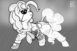 Size: 1500x1000 | Tagged: safe, artist:riggyrag, pinkie pie, earth pony, pony, g4, clothes, crossover, eyepatch, female, mare, metal gear, metal gear solid, monochrome, punished snake, rain, sad, solo, venom snake
