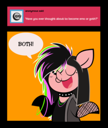 Size: 1200x1425 | Tagged: safe, artist:footsam, pinkie pie, earth pony, pony, ask pinkie pie and tornado, g4, alternate hair color, ask, black mane, choker, clothes, colored, dyed mane, emo, eyes closed, female, fishnet stockings, flat colors, glow bracelets, glowstick, goth, highlights, jacket, nose piercing, nose ring, open mouth, orange background, piercing, simple background, solo, speech bubble, spiked choker, tumblr