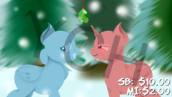 Size: 4000x2250 | Tagged: safe, artist:joechillers, pony, auction, blushing, commission, duo, holly, holly mistaken for mistletoe, snow, winter, your character here