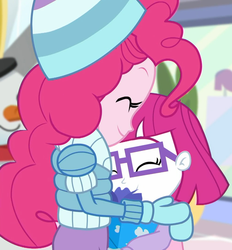 Size: 1003x1080 | Tagged: safe, screencap, little red, pinkie pie, equestria girls, equestria girls series, g4, holidays unwrapped, winter break-in, spoiler:eqg series (season 2), canterlot mall, child, clothes, cropped, cute, daaaaaaaaaaaw, diapinkes, female, gift giving, glasses, hat, heartwarming, hug, mittens, sweet dreams fuel, winter hat, winter outfit