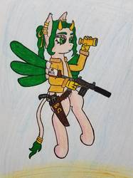 Size: 774x1033 | Tagged: safe, artist:dice-warwick, oc, oc only, oc:bridget gunrunner, bicorn, hybrid, ponygriff, fallout equestria, fallout equestria: desperados, clothes, ear piercing, female, gun, horn, jacket, mare, ncr, ncr ranger, older, piercing, ring, solo, spyglass, traditional art, weapon