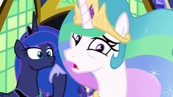 Size: 1280x720 | Tagged: safe, screencap, princess celestia, princess luna, pony, between dark and dawn, g4, crown, duo, ethereal mane, faic, female, jewelry, mare, regalia, royal sisters