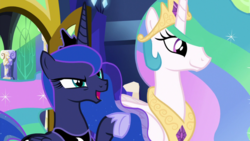 Size: 1920x1080 | Tagged: safe, screencap, princess celestia, princess luna, alicorn, pony, between dark and dawn, g4, chestplate, crown, duo, ethereal mane, ethereal tail, female, flowing mane, flowing tail, hoof shoes, jewelry, multicolored mane, multicolored tail, peytral, pointing, raised eyebrow, raised hoof, regalia, royal sisters, siblings, sisters, smiling, talking, twilight's castle