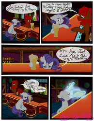 Size: 3500x4500 | Tagged: dead source, safe, artist:becauseimpink, rarity, pony, unicorn, comic:transition, g4, alcohol, bartender, beer, comic, dialogue, elusive, eyes closed, glowing horn, horn, magic, male, rule 63, sad, sitting, stallion, telekinesis, transgender
