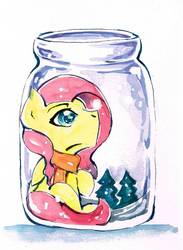 Size: 765x1044 | Tagged: safe, artist:mashiromiku, fluttershy, pegasus, pony, g4, clothes, female, hearth's warming, jar, merry christmas, pony in a bottle, scarf, solo, traditional art, watercolor painting