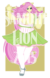 Size: 400x618 | Tagged: safe, alternate version, artist:samoht-lion, fluttershy, pony, anthro, plantigrade anthro, g4, breasts, busty fluttershy, clothes, costume, female, obtrusive watermark, pantyhose, shoes, skirt, solo, watermark