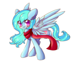 Size: 1079x881 | Tagged: safe, oc, oc only, pegasus, pony, 2020 community collab, derpibooru community collaboration, blushing, chest fluff, clothes, ear fluff, female, looking at you, scarf, smiling, solo, spread wings, transparent background, wings