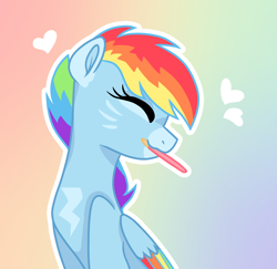 Size: 1652x1605 | Tagged: safe, artist:koloredkat, rainbow dash, pegasus, pony, g4, alternate design, bust, colored wings, eyes closed, female, folded wings, food, heart, mare, mouth hold, multicolored wings, outline, pocky, rainbow background, simple background, sitting, solo, wings