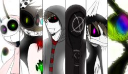 Size: 1300x752 | Tagged: safe, artist:didun850, oc, oc only, oc:chase, earth pony, human, pony, shadow pony, anthro, adventure time, anthro with ponies, black sclera, clothes, earth pony oc, eye clipping through hair, five nights at freddy's, glowing eyes, grin, heterochromia, hoodie, male, smiling, stallion
