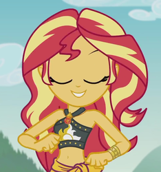 Size: 978x1046 | Tagged: safe, screencap, sunset shimmer, equestria girls, g4, my little pony equestria girls: better together, unsolved selfie mysteries, belly button, bikini, bikini babe, clothes, cropped, cute, eyes closed, female, geode of empathy, magical geodes, midriff, outdoors, sarong, shimmerbetes, sleeveless, smiling, solo, sunset shimmer's beach shorts swimsuit, swimsuit